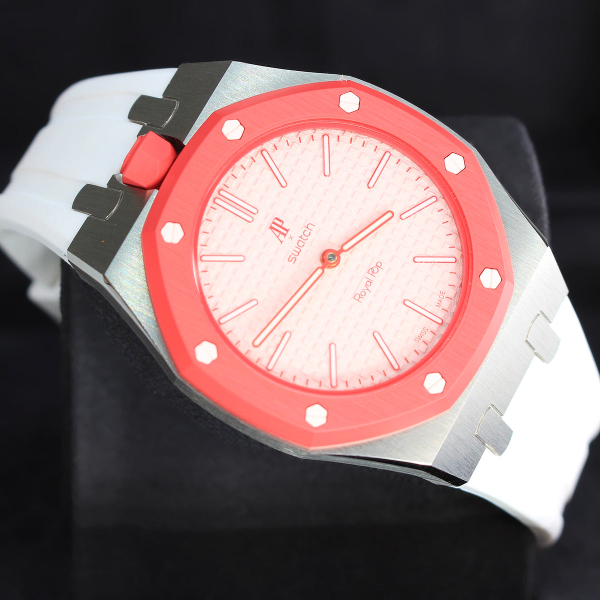 Swatch x AP Otto Rosso SSX03R100N metal-case wristwatch conversion with white rubber strap