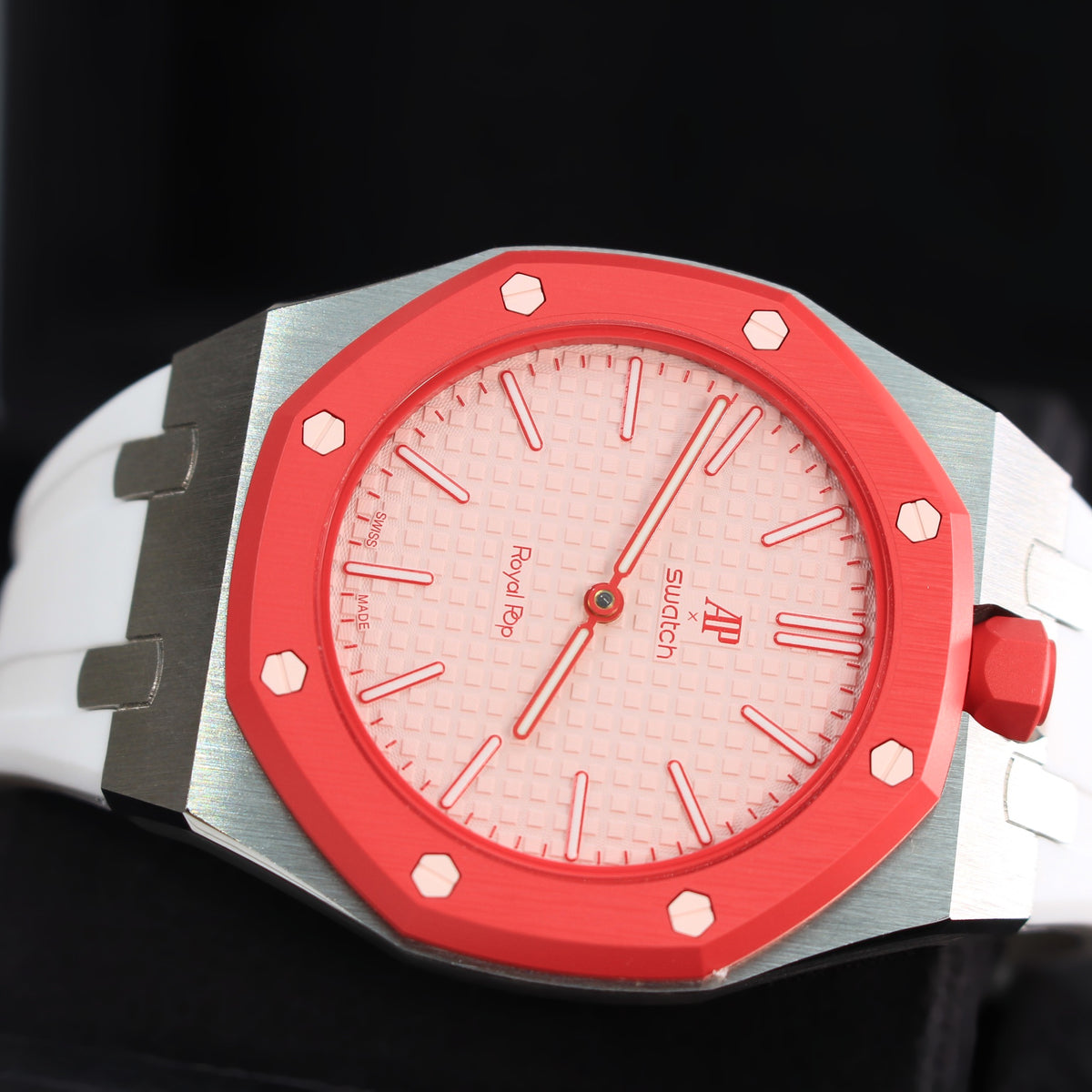 Swatch x AP Royal Pop Otto Rosso SSX03R100N with aftermarket wristwatch case, product photograph