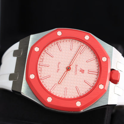 Swatch x AP Royal Pop Otto Rosso SSX03R100N with aftermarket wristwatch case, product photograph
