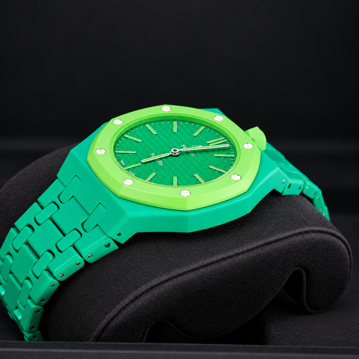 Royal Pop GREEN EIGHT low angled view showing green dial, lime-green bezel and compatible green bracelet and case