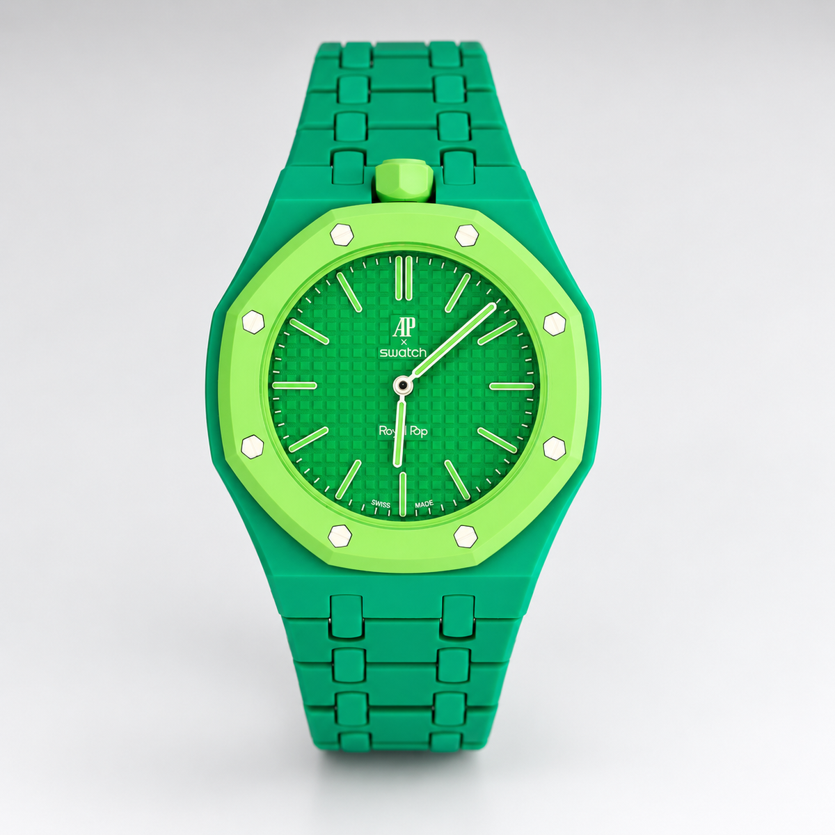 Swatch x Audemars Piguet Royal Pop GREEN EIGHT front view with green bracelet and lime-green bezel on white background