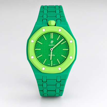 Swatch x Audemars Piguet Royal Pop GREEN EIGHT front view with green bracelet and lime-green bezel on white background