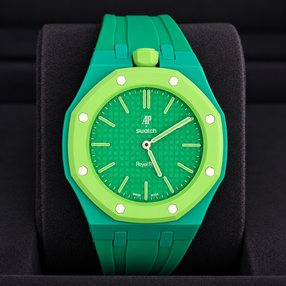 Swatch x Audemars Piguet Royal Pop GREEN EIGHT with green strap displayed upright on a black cushion