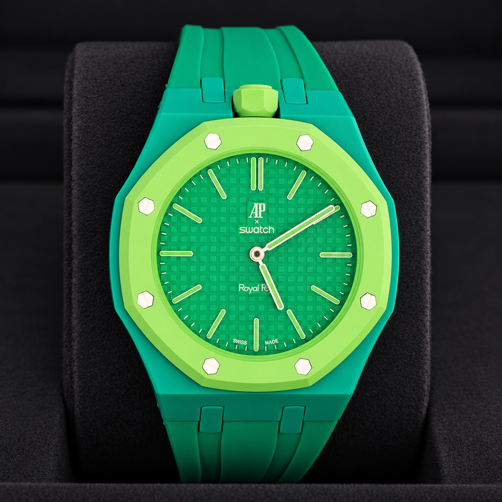 Swatch x Audemars Piguet Royal Pop GREEN EIGHT with green strap displayed upright on a black cushion