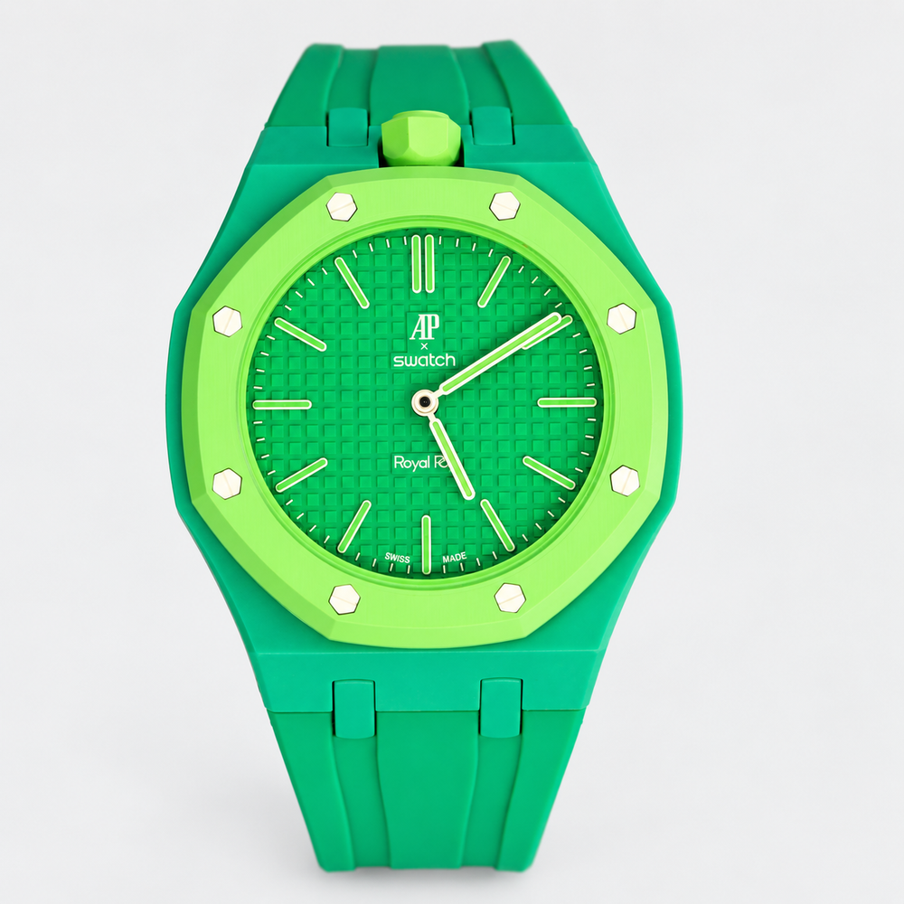 Swatch x Audemars Piguet Royal Pop GREEN EIGHT front view with green strap and lime-green bezel on white background