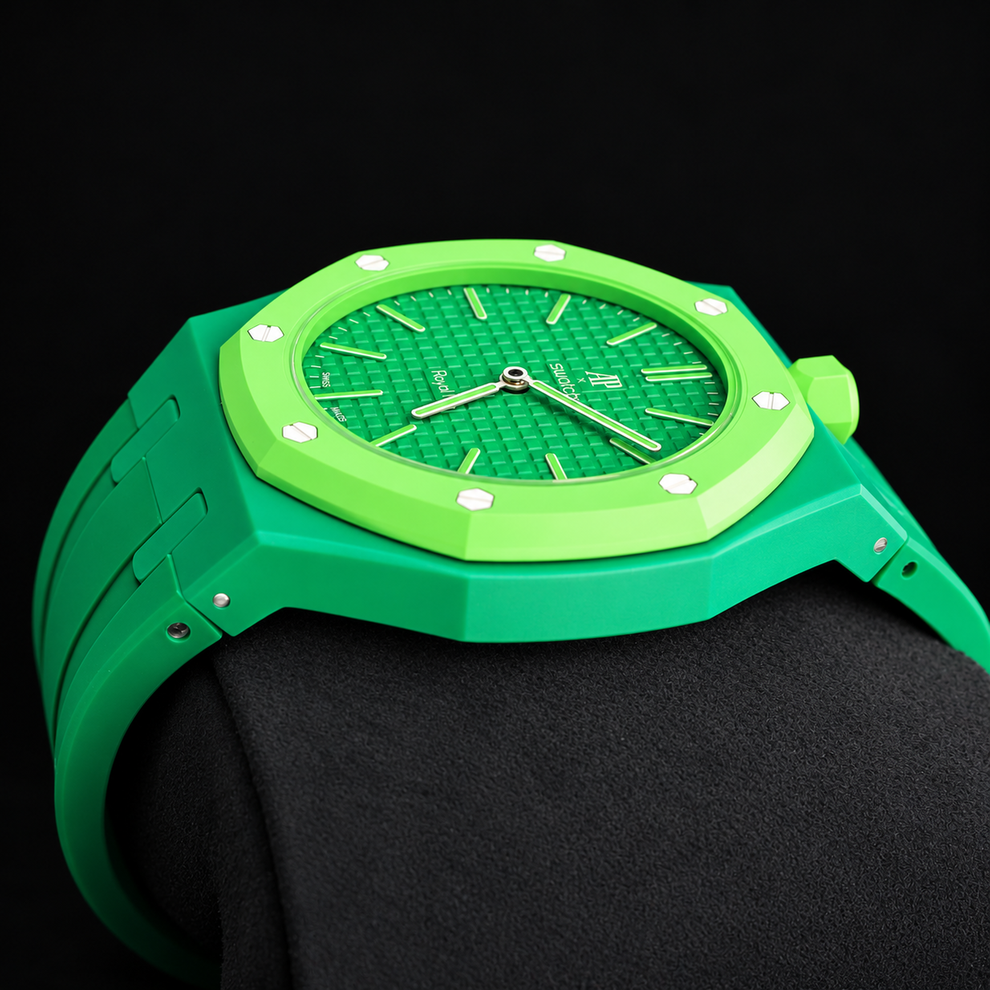 Royal Pop GREEN EIGHT side view with lime-green crown on the right and green strap on a black cushion