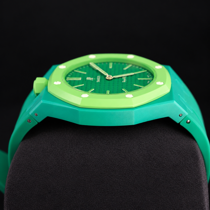 Royal Pop GREEN EIGHT low side profile showing green case, lime-green bezel and crown on the left