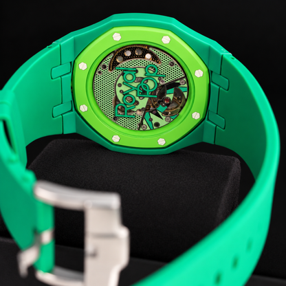 Royal Pop GREEN EIGHT transparent caseback showing the movement and Royal Pop lettering with green strap