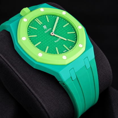 Royal Pop GREEN EIGHT angled close-up showing textured green dial, lime-green bezel and green strap