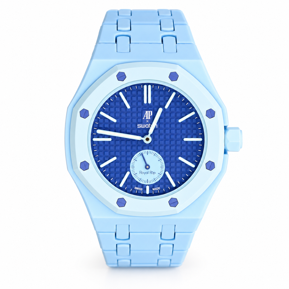 Swatch x Audemars Piguet Royal Pop LAN BA front view with light-blue linked bracelet and dark-blue dial on white background