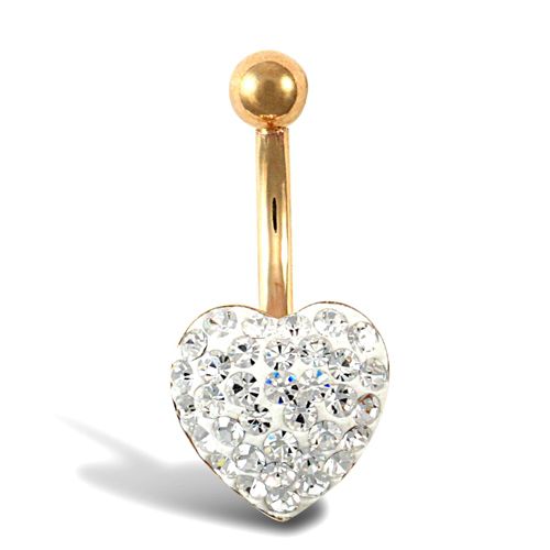 9ct Yellow White Crystal Heart Belly Bar – product view