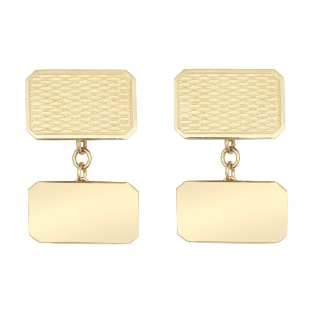 9ct Yellow GoldCut Corners Art Deco Engine Turned Cufflinks Chain Back – product view