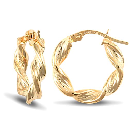 9ct yellow gold twisted creole Hoop Earrings textured with a barked pattern. – Imperial Time
