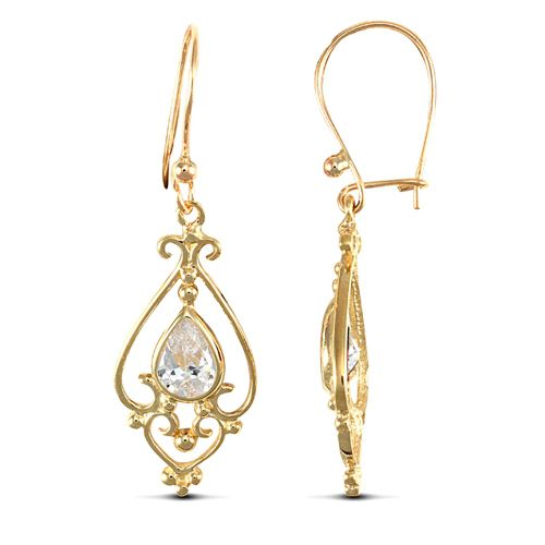 9ct yellow gold chandelier drop earrings set with a single pear-shaped cubic zirconia stone – product view