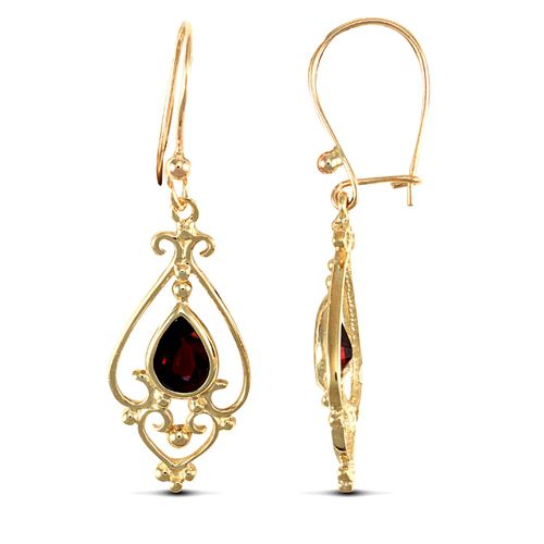 9ct yellow gold chandelier drop earrings set with a single pear-shaped garnet stone. – Imperial Time