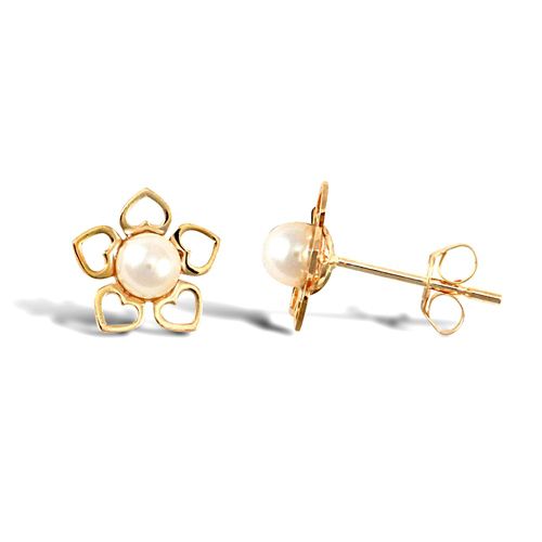 9ct yellow gold open heart shaped petal design flower stud earrings with inset pearl – Imperial Time