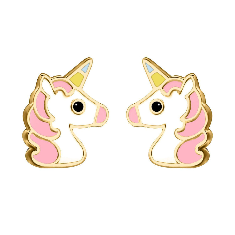 Jewelco London 9ct Gold Enamel Cute Cartoon Unicorn Stud Earrings 9mm - JES374