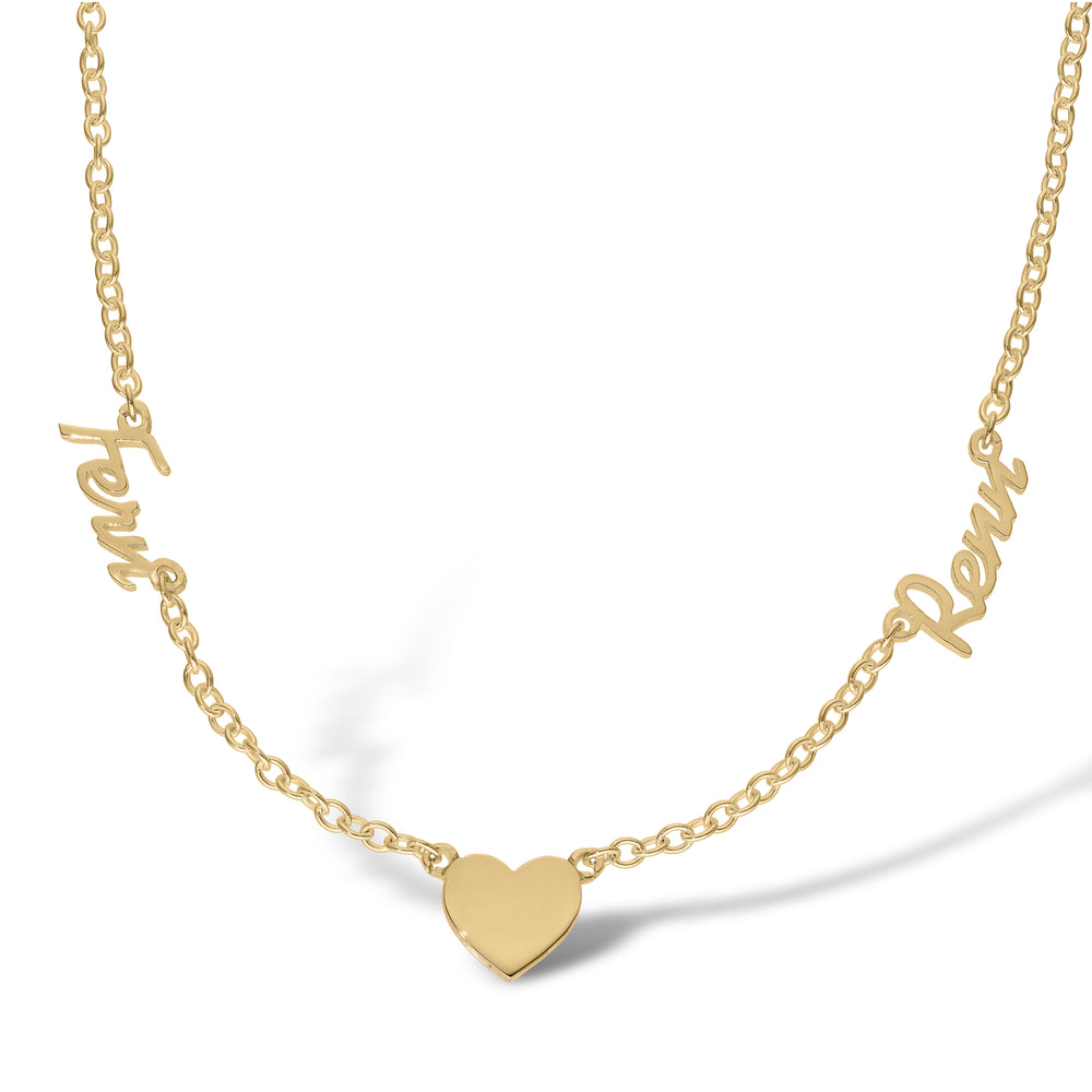 9 Karat Gelbgold Personalisierte Namenskette 2 Namen und ein Herz + 40,6 cm Kette
