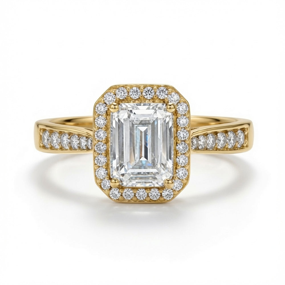 9ct Yellow Gold, 1.00ct Emerald Cut Cubic Zirconia Wed-fit Halo Ring – Imperial Time