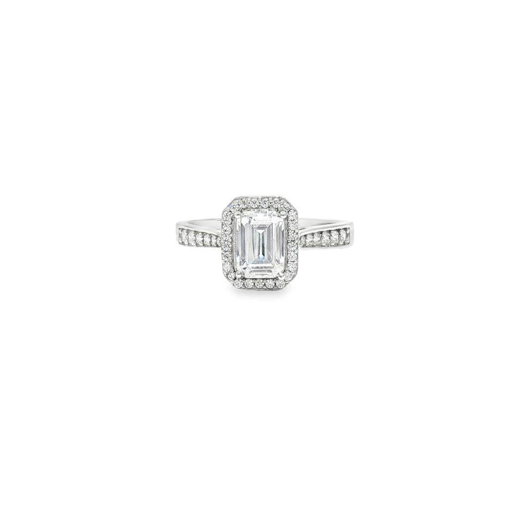 9ct White Gold, 1.00ct Emerald Cut Cubic Zirconia Wed-fit Halo Ring – Imperial Time