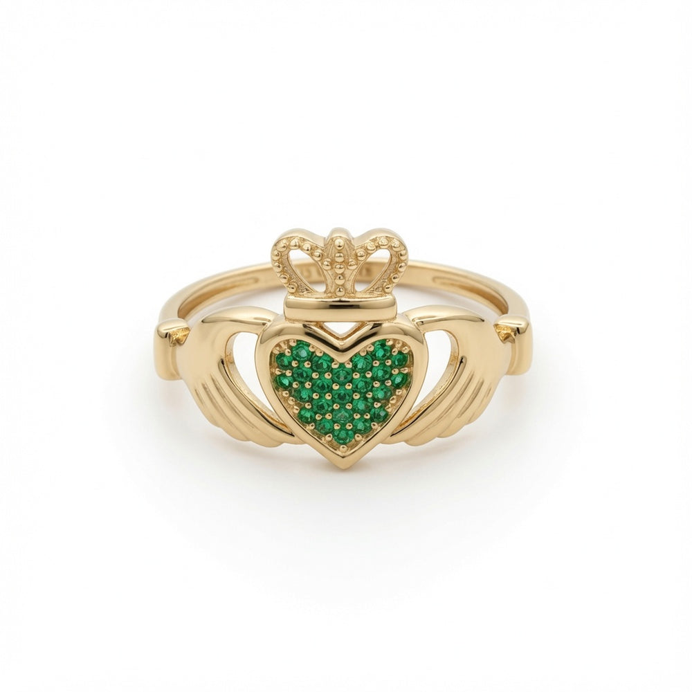 9ct Yellow Gold Green Cubic Zirconia Claddagh Heart Crown Ring