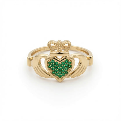 9 Karat Gelbgold Grüner Zirkonia Claddagh Herz Krone Ring