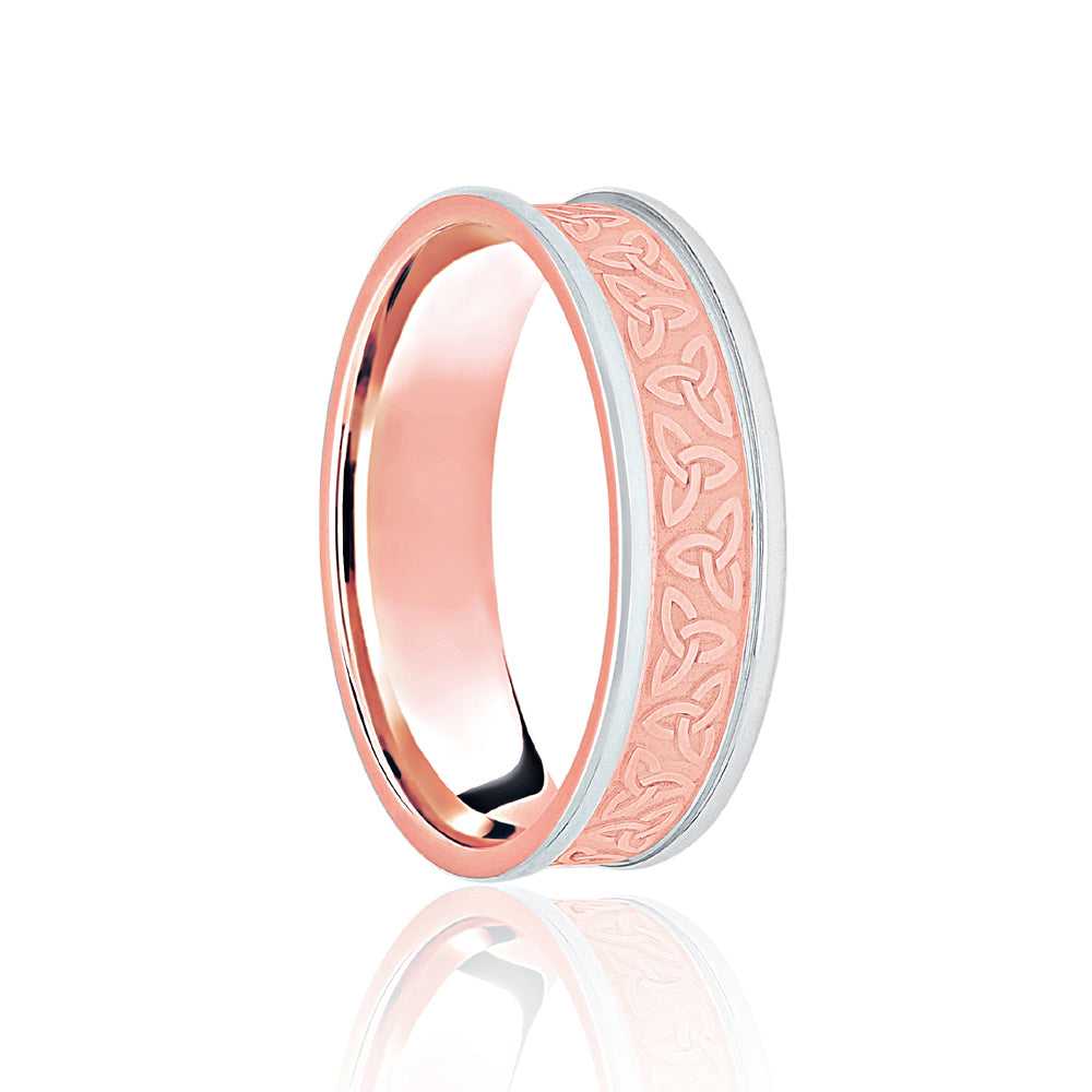 18ct Rose & White Flat Court 5mm Celtic Laser Engraved Wedding Band