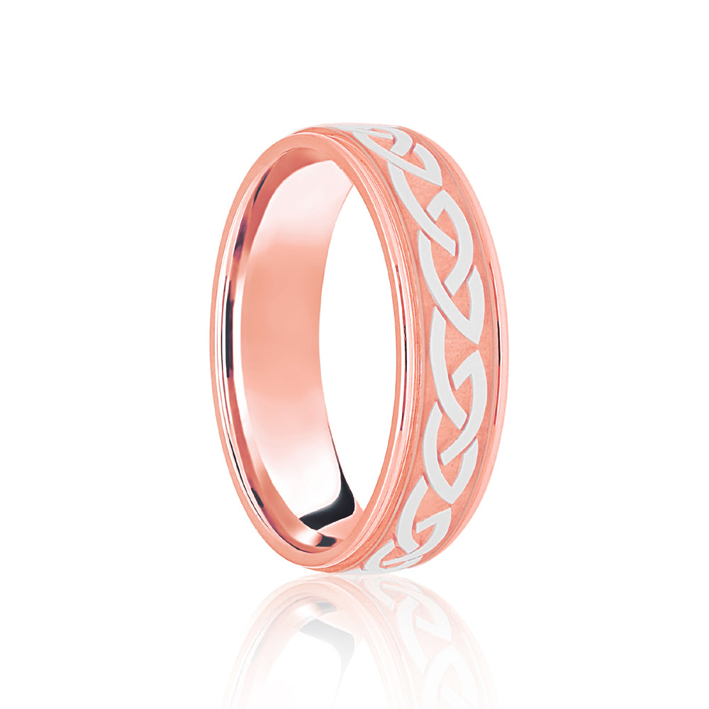 18ct Rose & White Flat Court 5mm Celtic Laser Engraved Wedding Band – Imperial Time