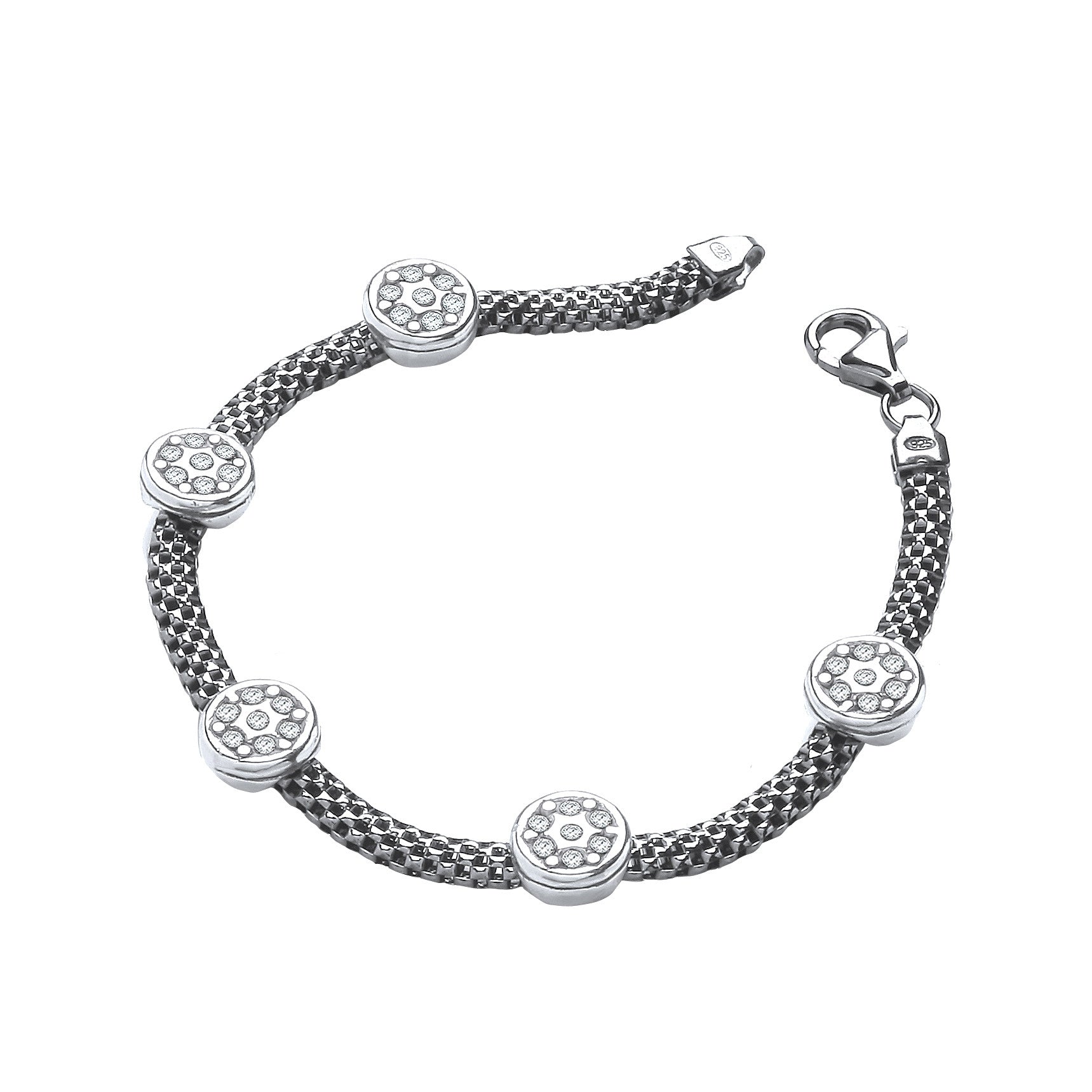 Ruthenium Mesh with Five Circles Cubic Zirconia's 7"/19cm Bracelet