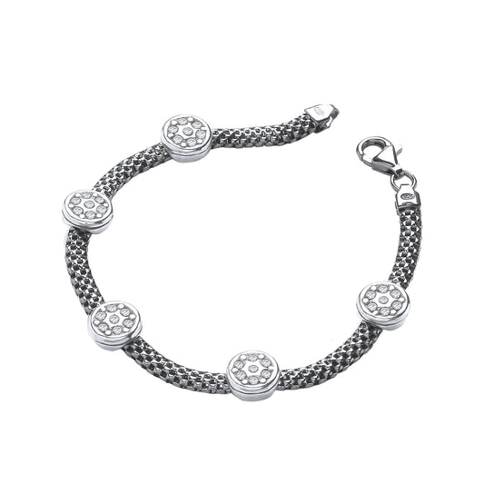Ruthenium Mesh with Five Circles Cubic Zirconia's 7"/19cm Bracelet