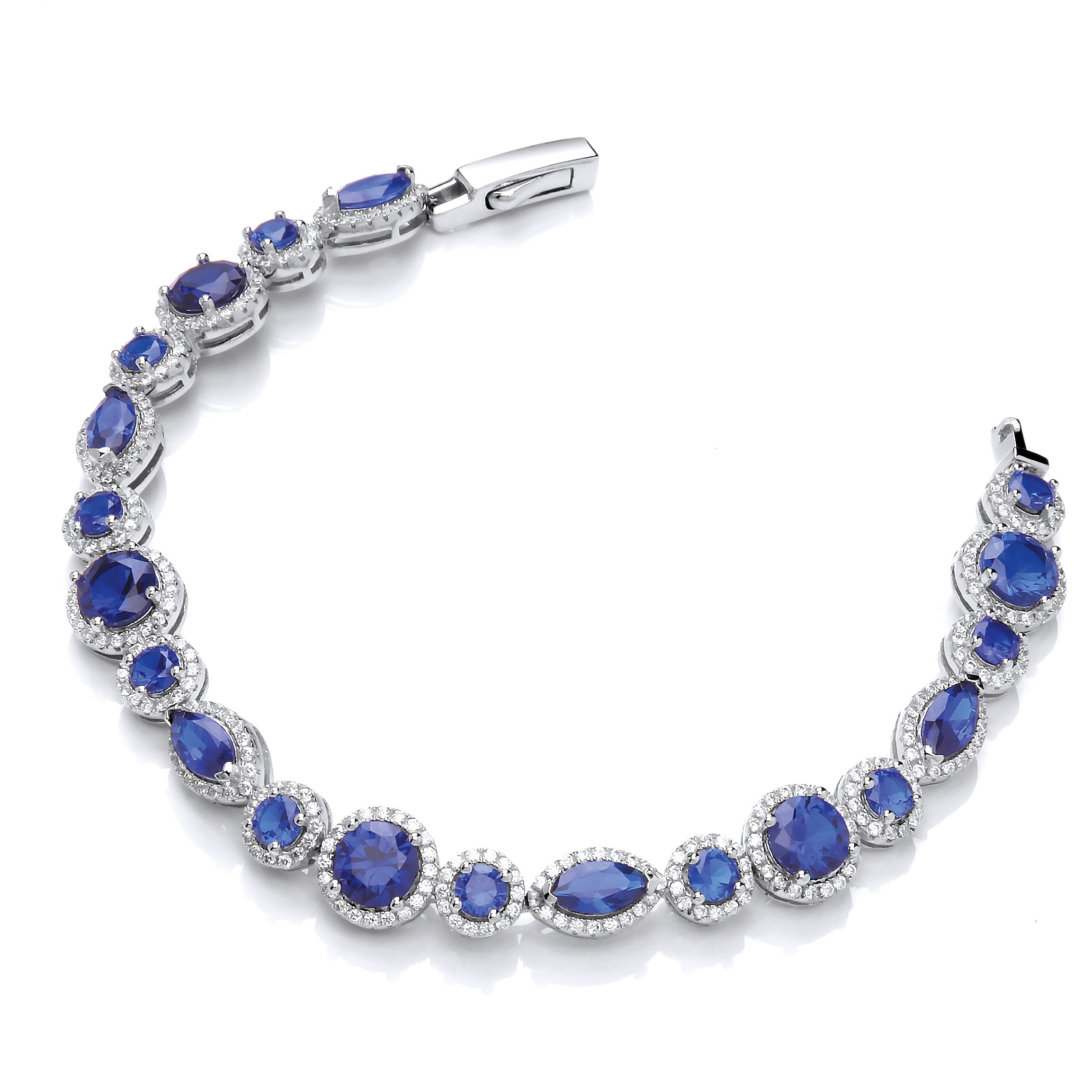 Marquise & Rounds Sapphire Blue Cubic Zirconia's in Halo with Clear Cubic Zirconia Tennis Silver Bracelet