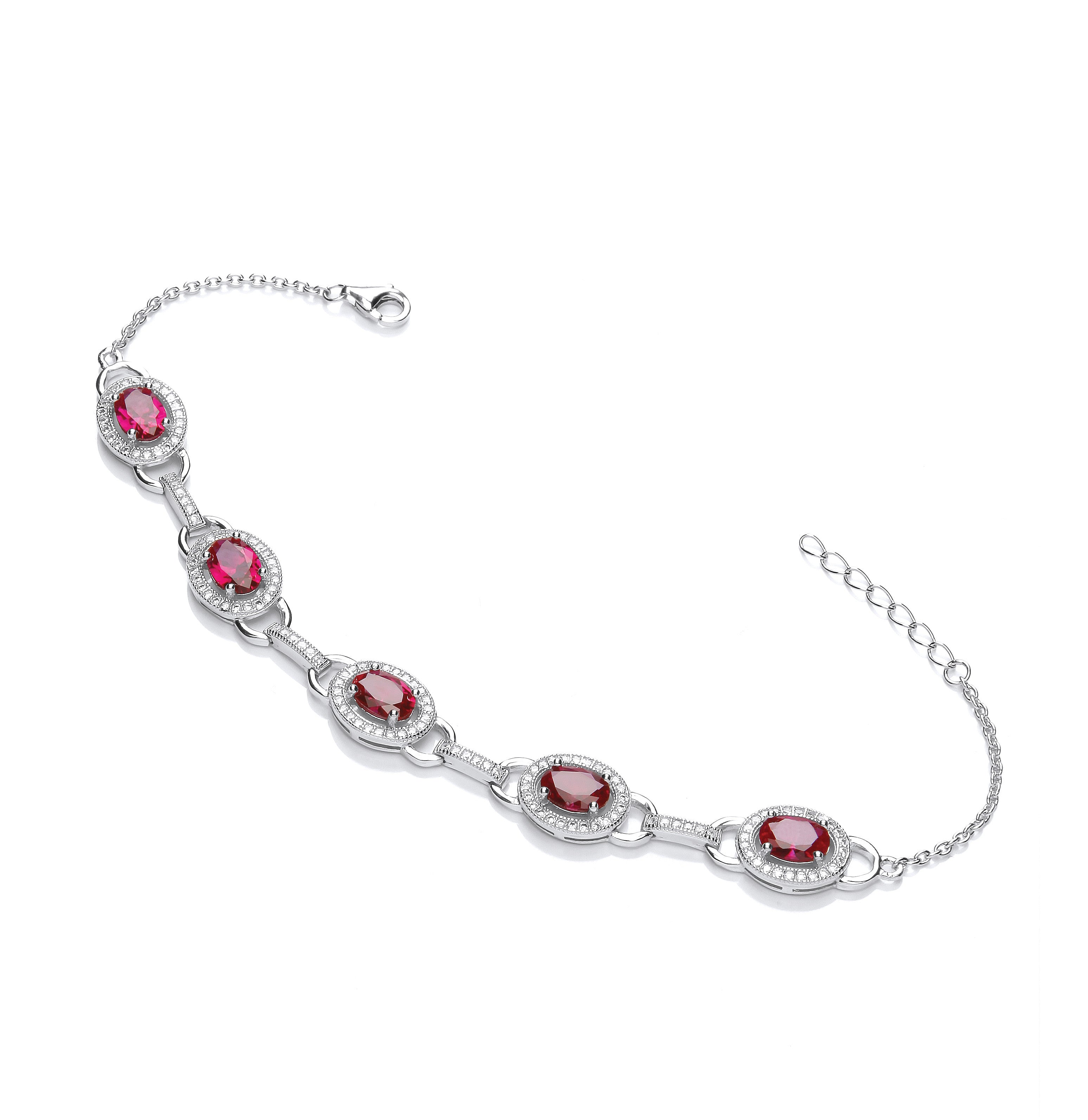 Red & Clear Cubic Zirconia's Halo Style Ladies Silver Bracelet