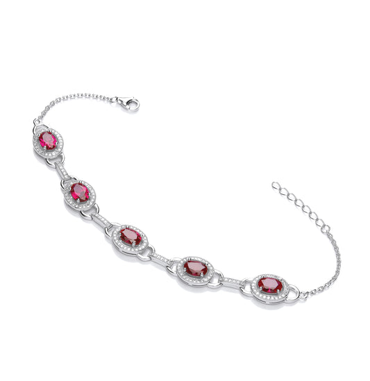 Red & Clear Cubic Zirconia's Halo Style Ladies Silver Bracelet
