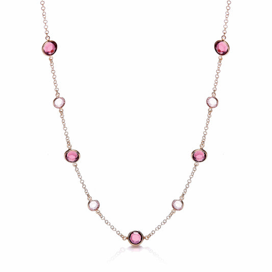 Purple, Pink Stones, Silver Rose Coated Necklace