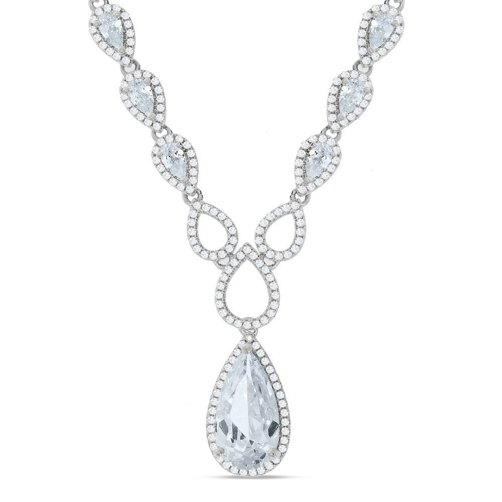 Silver Pear Shaped Drop Set Clear Cubic Zirconia's Necklace 18"