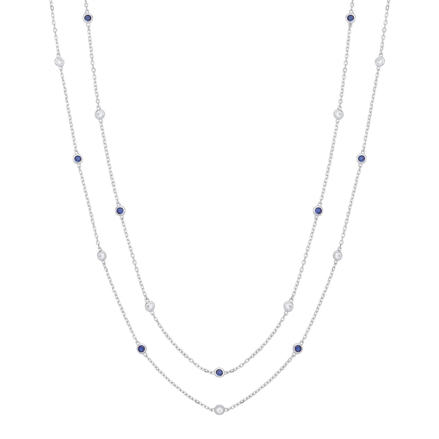 38" Silver Rubover Blue & Clear Cubic Zirconia's Necklace