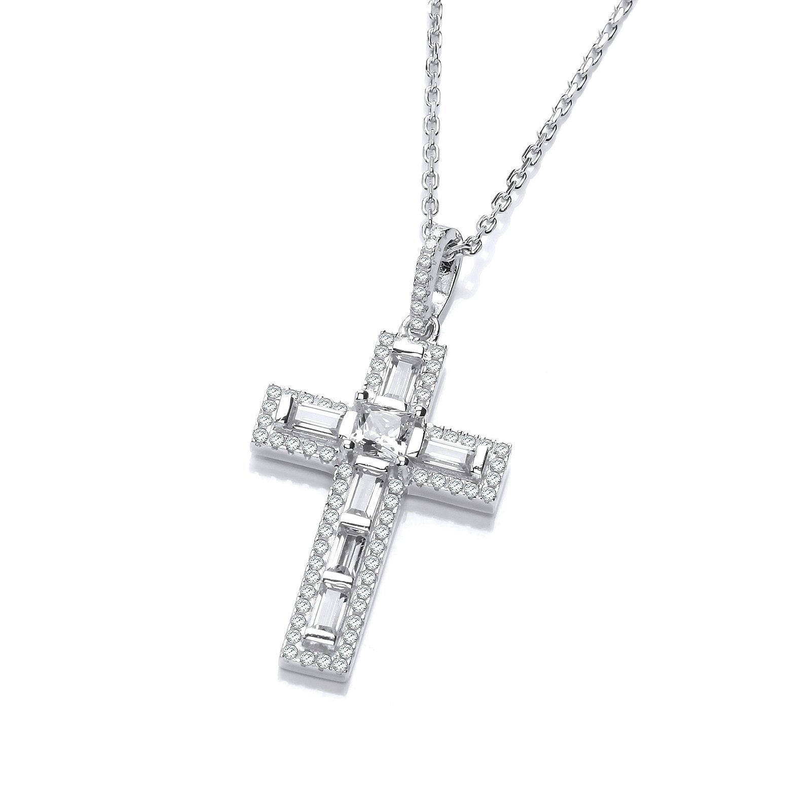 Micro Pave Round & Baguette Cubic Zirconias Cross with Chain - Fine Necklace - Certified Auth – Luxury Jewellery by Im