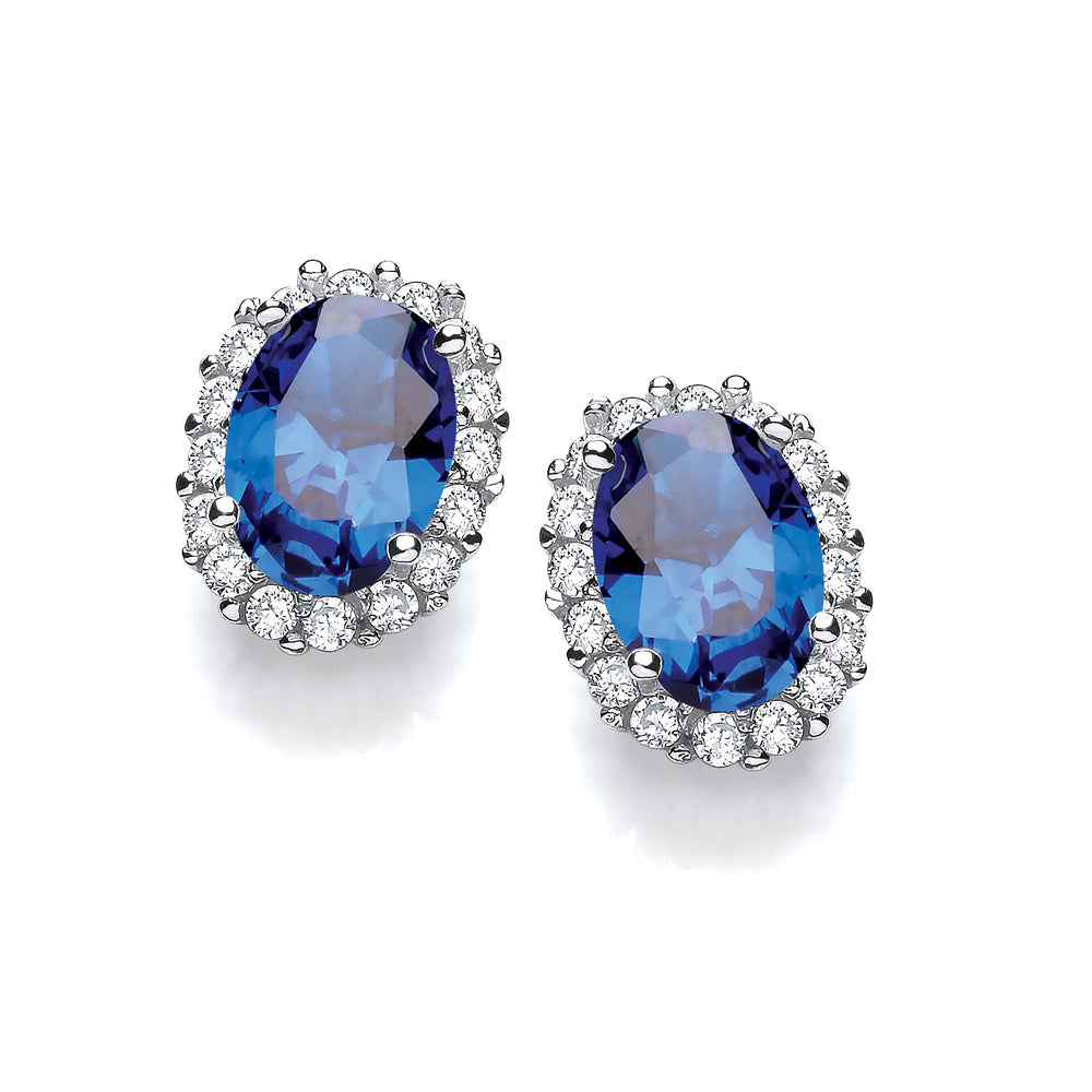 Oval Blue Cubic Zirconia Stud Silver Earrings