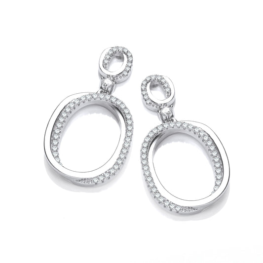 Oval Plain & Cubic Zirconias Drop Earrings