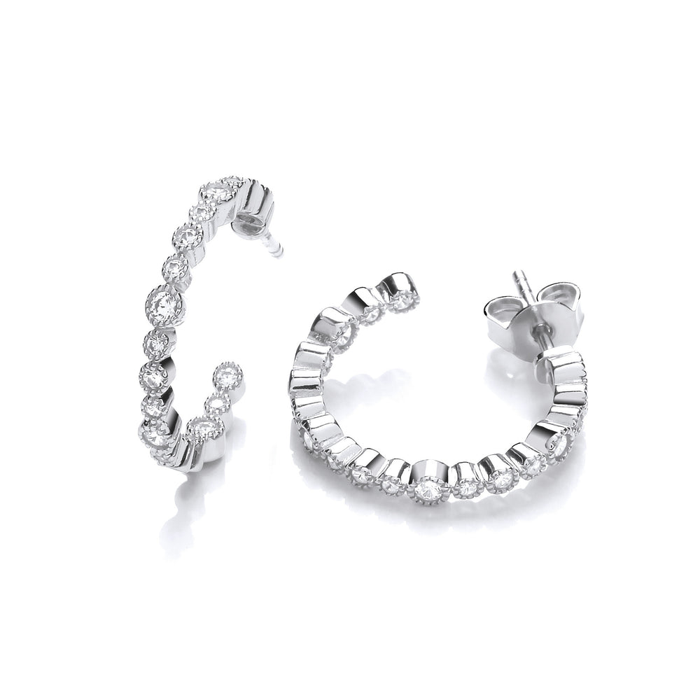 Mill Grain Edge Rubover set Cubic Zirconias Hoop Earrrings – product view