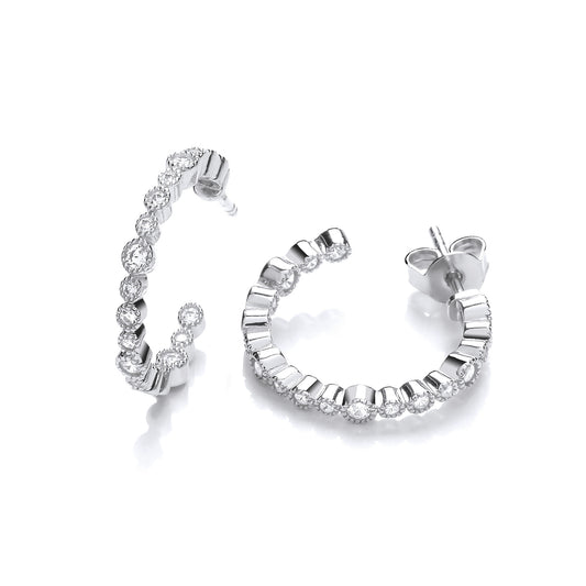 Mill Grain Edge Rubover set Cubic Zirconias Hoop Earrrings