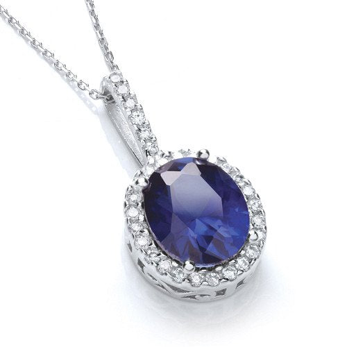 Oval Cluster Deep Blue Cubic Zirconia Pendant with 18" Chain - Fine Necklace - Certified Auth – Luxury Jewellery by Im