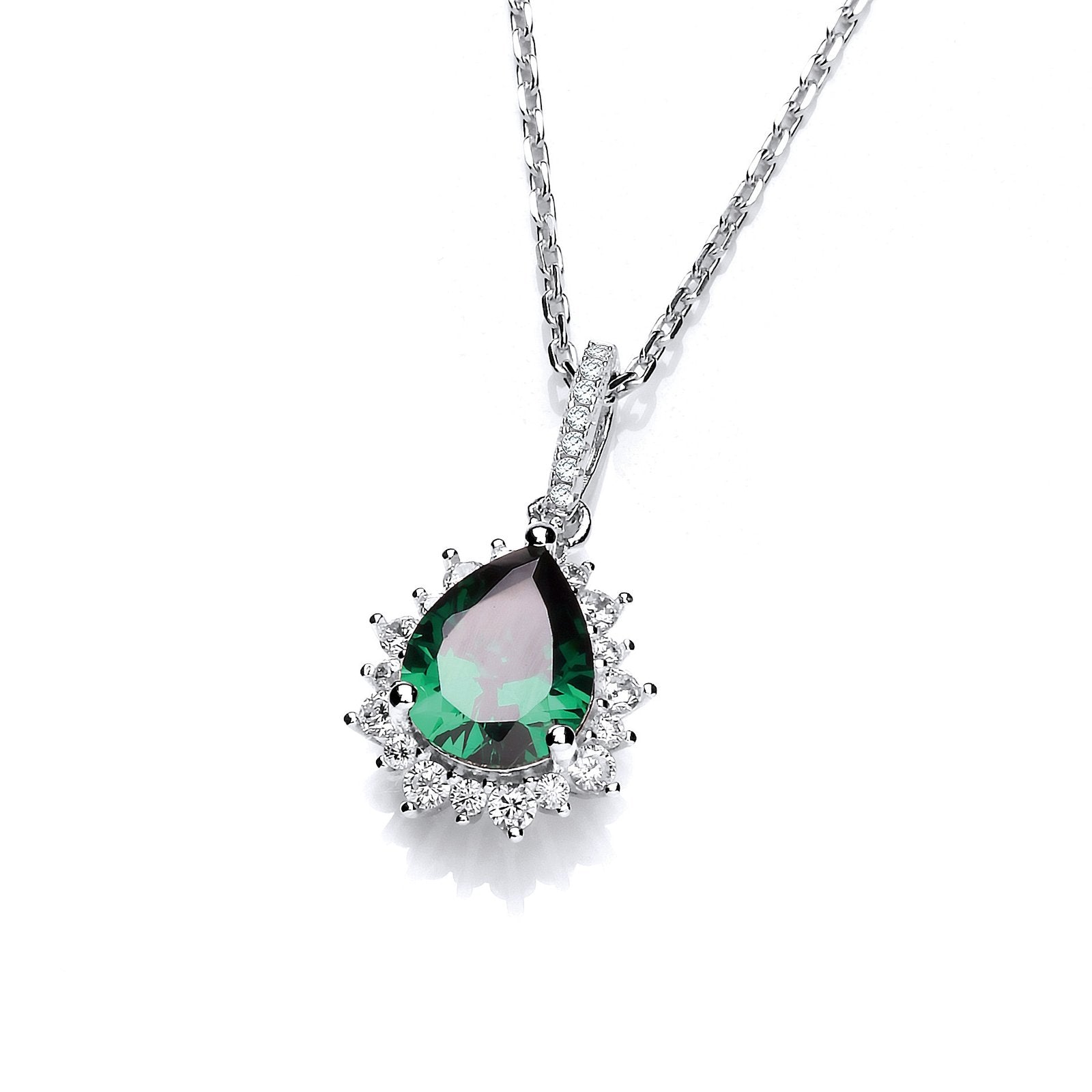 Silver Green Teardrop Cubic Zirconia Pendant with 18" Chain - Fine Necklace - Certified Authe – Luxury Jewellery by Im