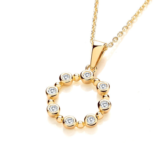 Yellow Gold Plated Silver Rubover Cubic Zirconias  Circle Pendant With Chain