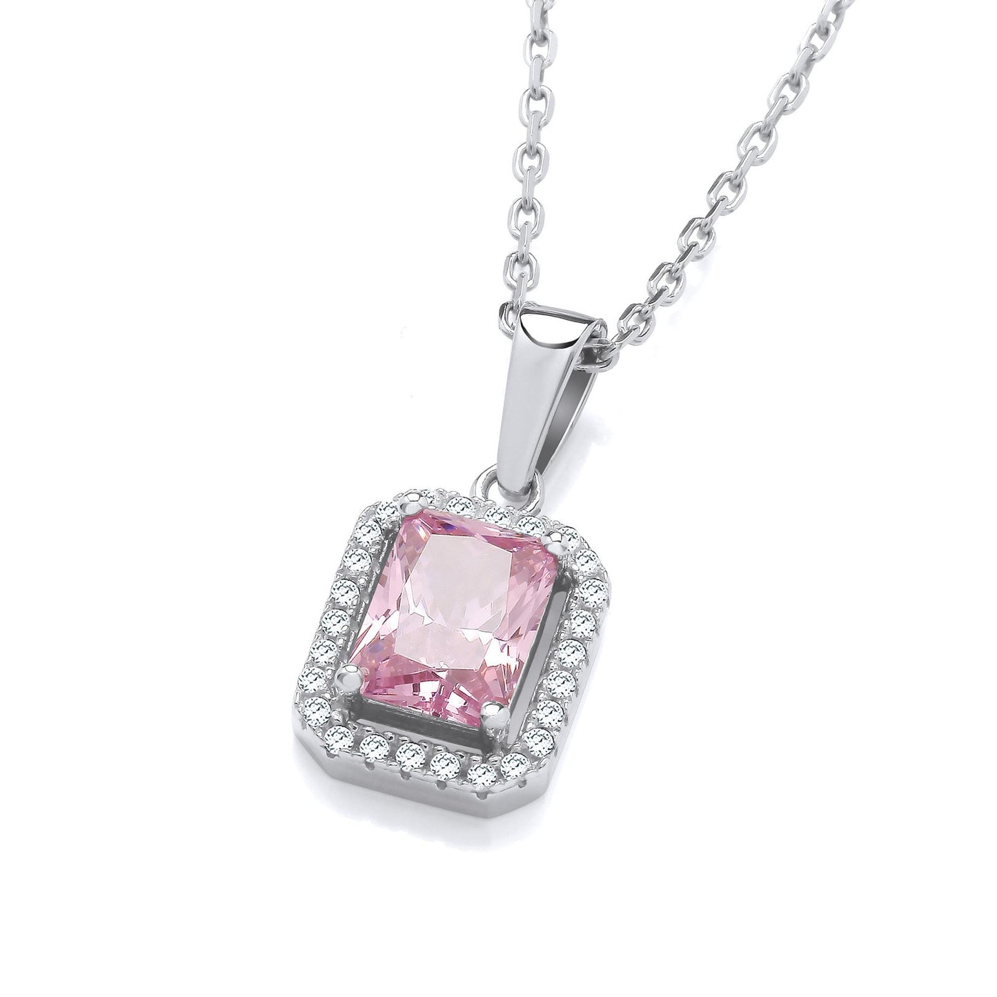 Silver Pink Cubic Zirconias Halo Stud Pendant with Chain - Fine Necklace - Certified Authenti – Luxury Jewellery by Im