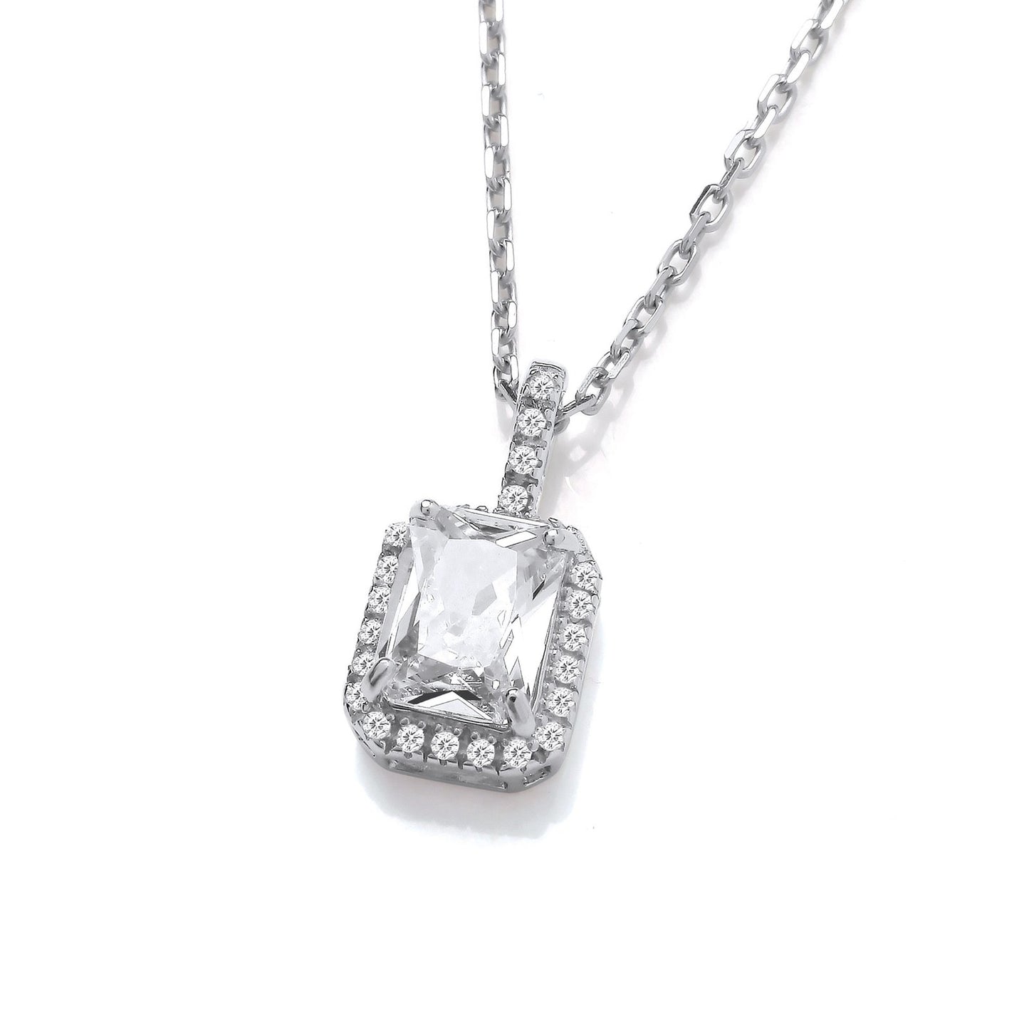 Emerald Cut Cubic Zirconia Halo Silver Pendant with Chain - Fine Necklace - Certified Authent – Luxury Jewellery by Im