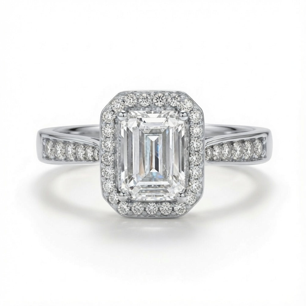 9ct White Gold 1.00ct Lab Diamond & 0.23ct Diamond Wed-Fit Emerald Cut Halo Ring