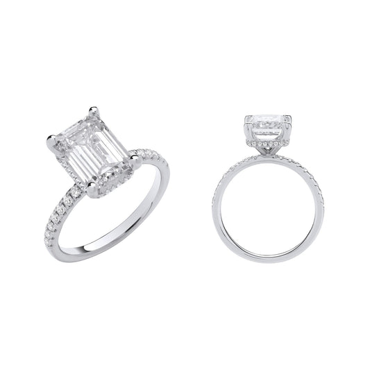 18ct White Gold 3.30ctw Emerald Cut Lab Grown Hidden Halo Diamond Ring Igi Certified