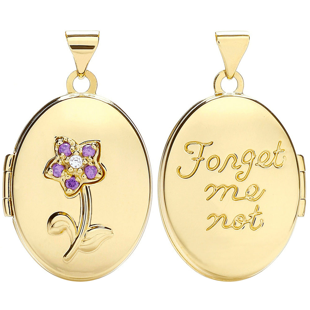 Yellow Gold Oval Double Sided Locket with Purple Cubic Zirconia