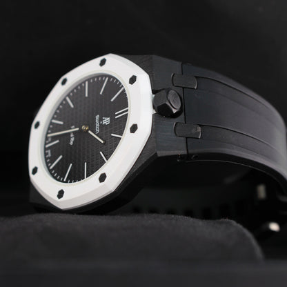Royal Pop OCHO NEGRO low angled view showing black crown, white bezel and black strap